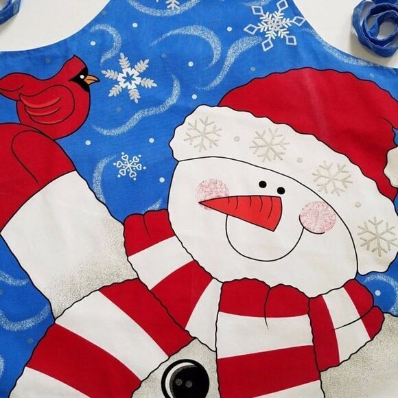 Vintage Snowman And Cardinal Apron Christmas Kitchen Holiday Cook Unisex Chef - Picture 4 of 4